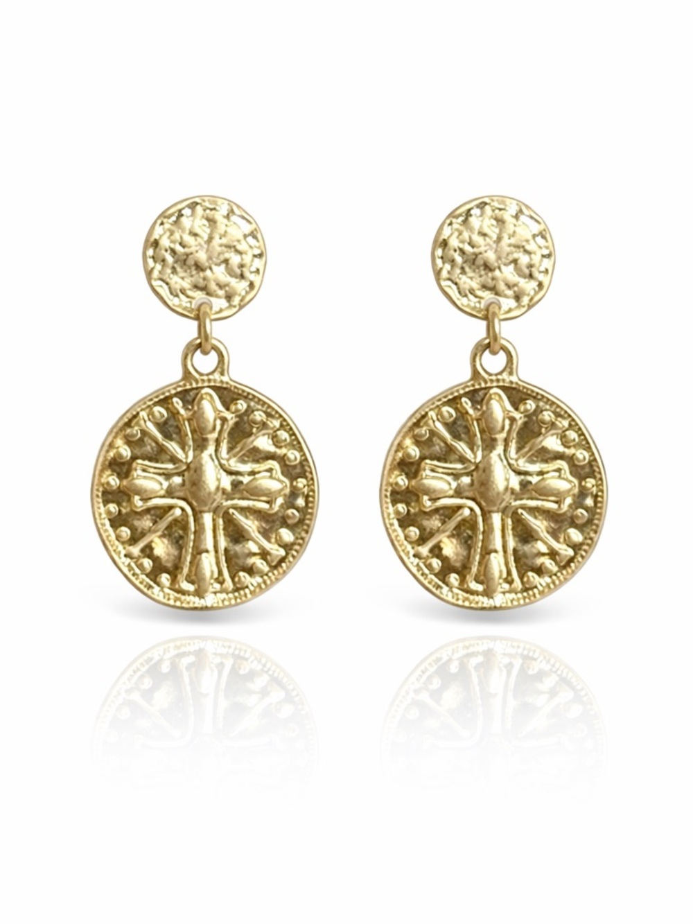Italian Style Gold Cross Coin Drop Earrings